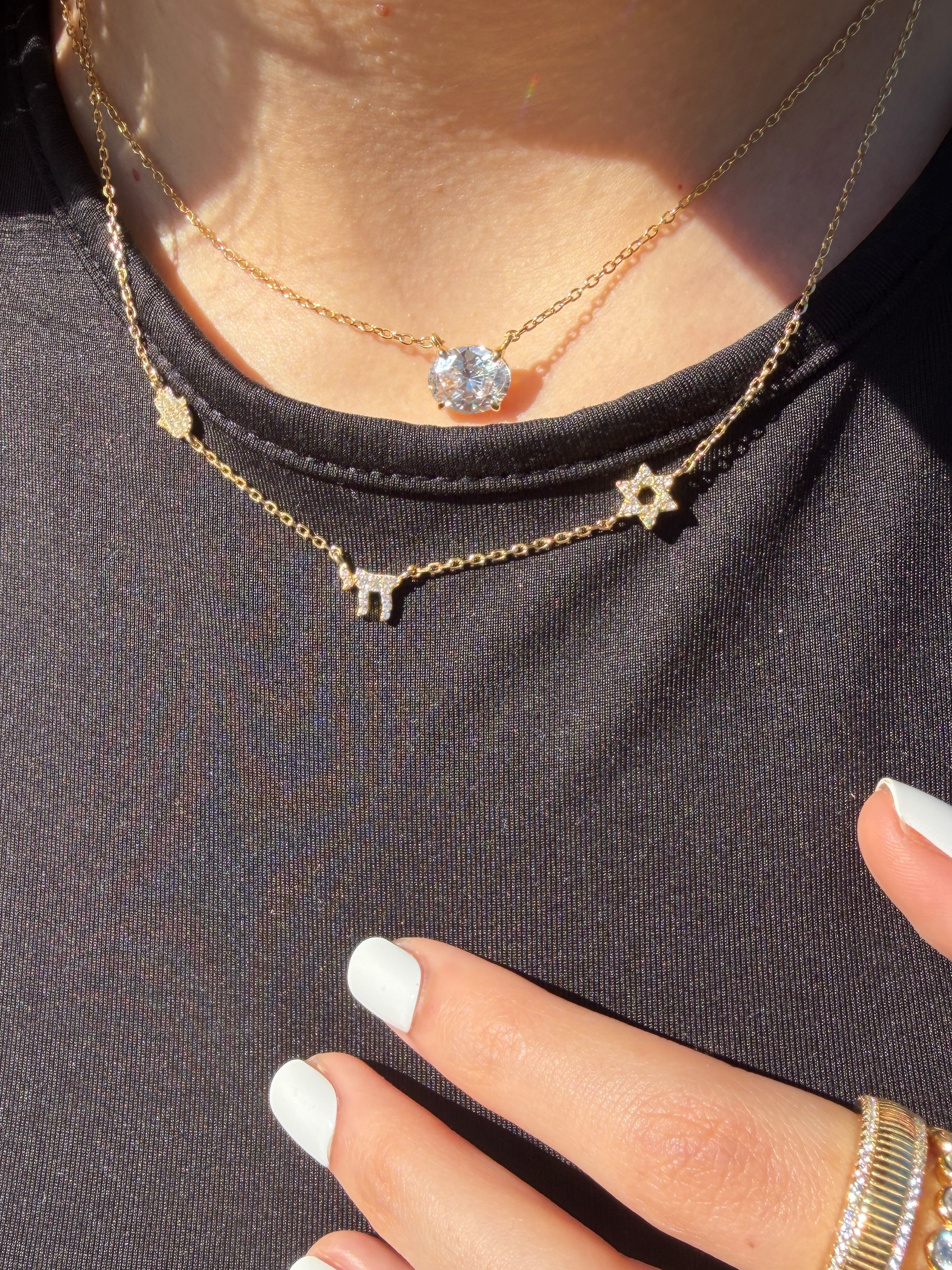 Statement Trio Charm Necklace Hamsa, Chai, Star of David