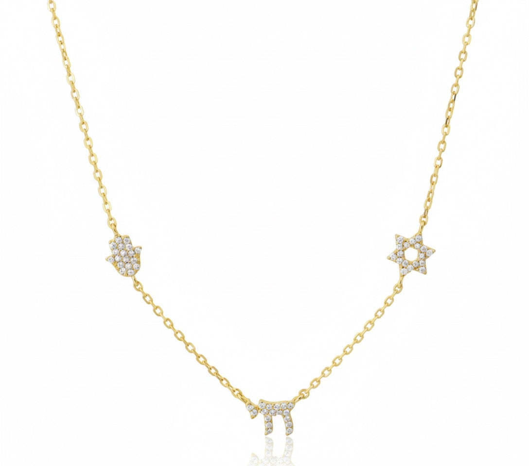 Statement Trio Charm Necklace Hamsa, Chai, Star of David